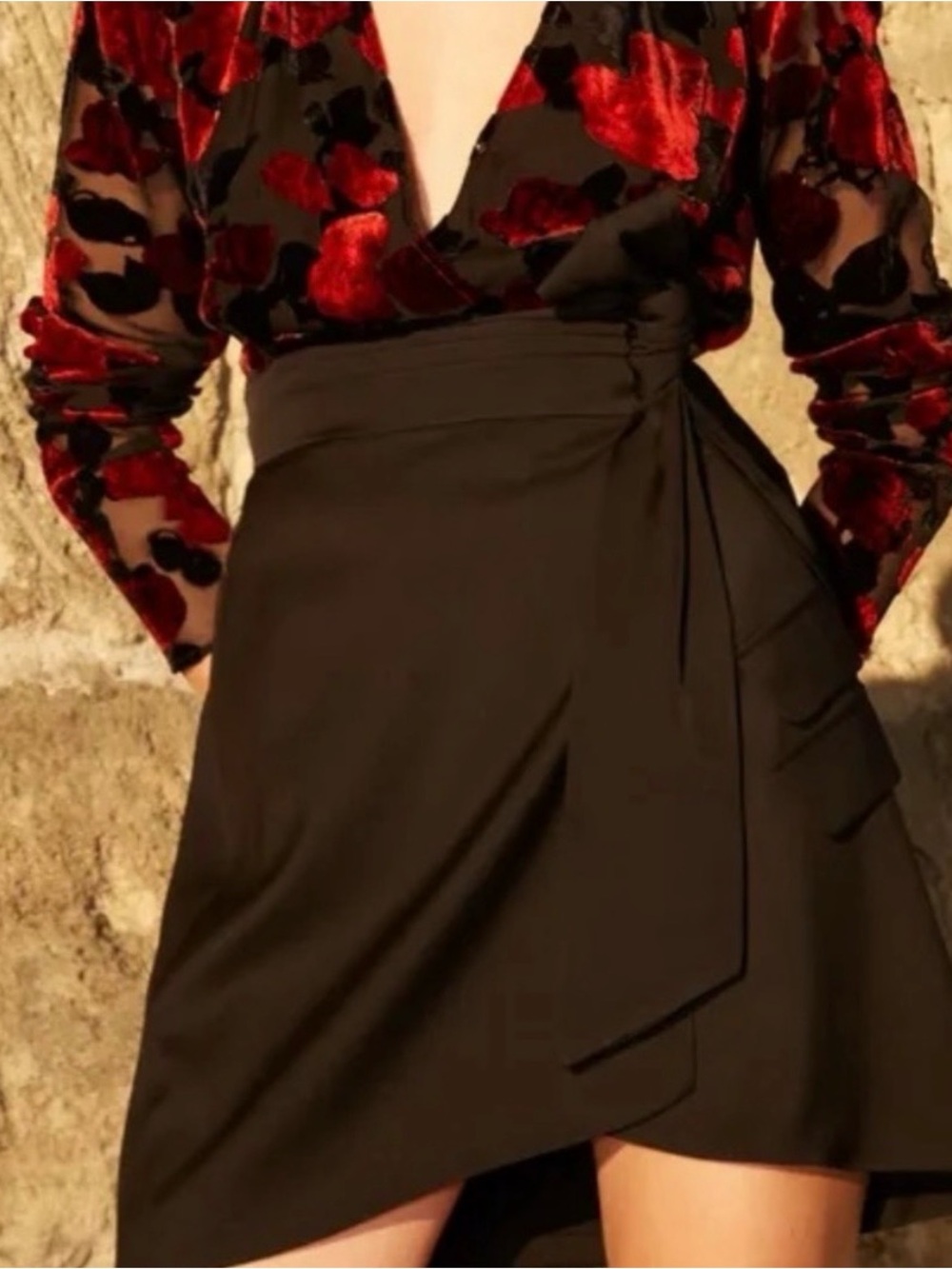 The Kooples Black Asymmetrical Wrap Skirt with Side Tie
